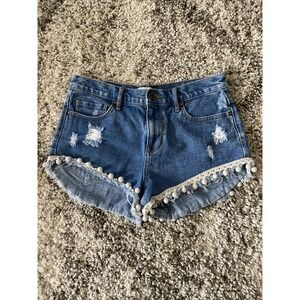 BULLHEAD Women's Size 9 Rise Pompom Distressed Denim Jean Shorts‎ Boho